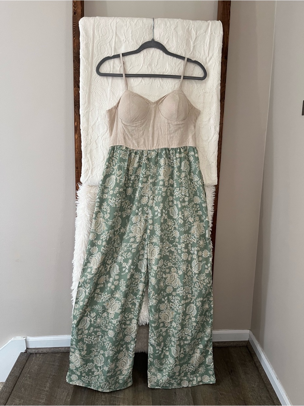 Land of the Free Floral Wide Leg Jumpsuit - Sage/Cream - Size Large